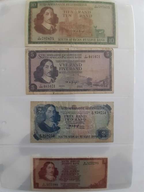 TW de Jongh Set of R1, R2, R5 and R10 South African Banknotes